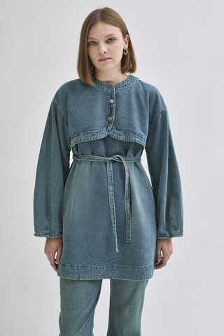 Yarım Düğmeli Denim Tunik Yeşil Tintli - 2
