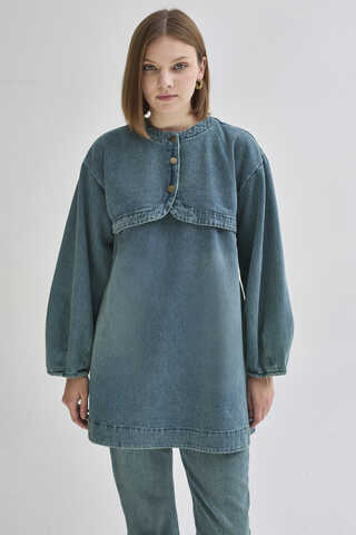 Yarım Düğmeli Denim Tunik Yeşil Tintli - 5