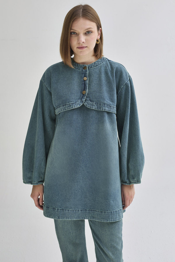 Yarım Düğmeli Denim Tunik Yeşil Tintli - 5