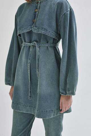Yarım Düğmeli Denim Tunik Yeşil Tintli - 6