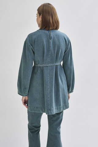 Yarım Düğmeli Denim Tunik Yeşil Tintli - 8