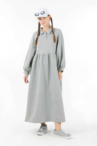 Yarım Düğmeli Gömlek Yaka Elbise Gri - 1