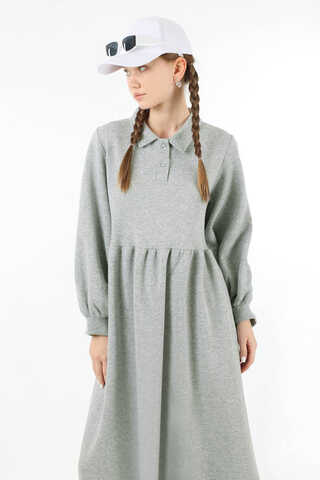 Yarım Düğmeli Gömlek Yaka Elbise Gri - 2