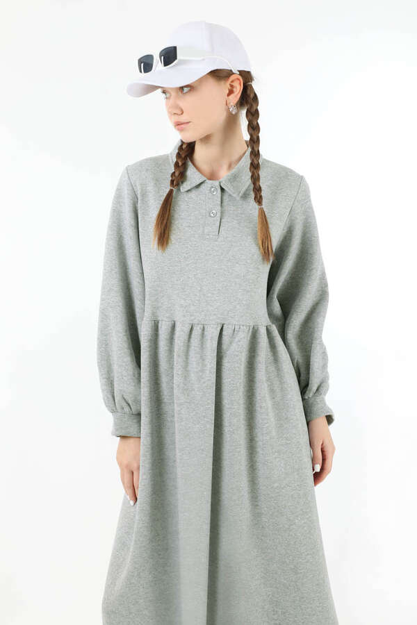Yarım Düğmeli Gömlek Yaka Elbise Gri - 2