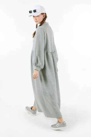 Yarım Düğmeli Gömlek Yaka Elbise Gri - 3