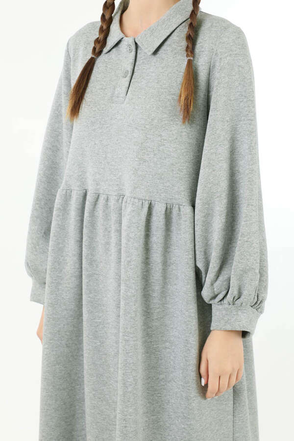 Yarım Düğmeli Gömlek Yaka Elbise Gri - 4