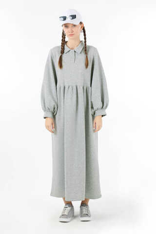 Yarım Düğmeli Gömlek Yaka Elbise Gri - 5