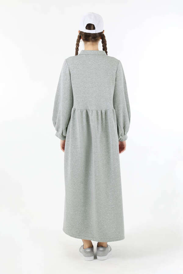 Yarım Düğmeli Gömlek Yaka Elbise Gri - 6