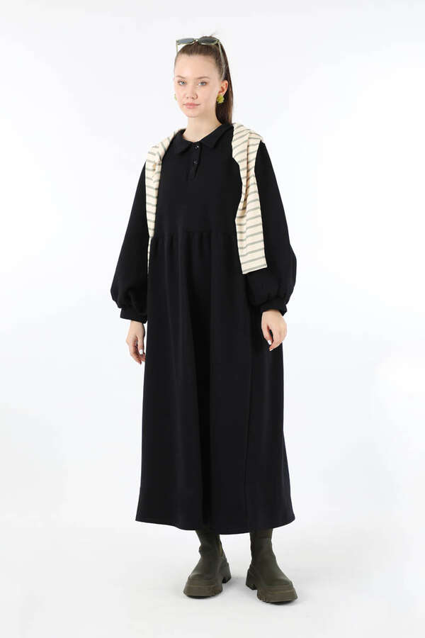 Yarım Düğmeli Gömlek Yaka Elbise Siyah - 1