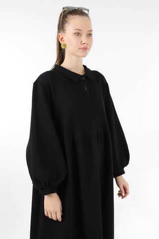 Yarım Düğmeli Gömlek Yaka Elbise Siyah - 2