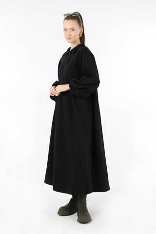 Yarım Düğmeli Gömlek Yaka Elbise Siyah - 3