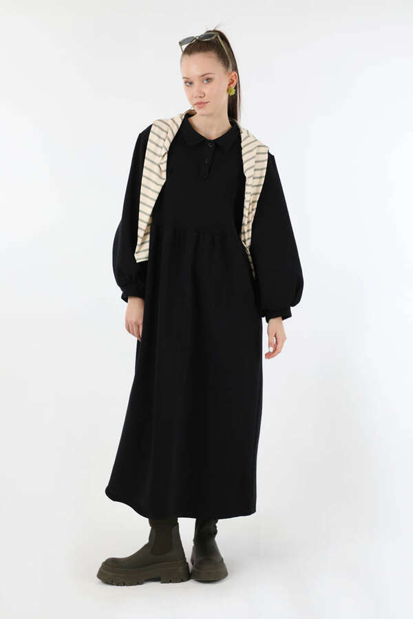 Yarım Düğmeli Gömlek Yaka Elbise Siyah - 5