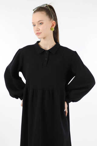 Yarım Düğmeli Gömlek Yaka Elbise Siyah - 4