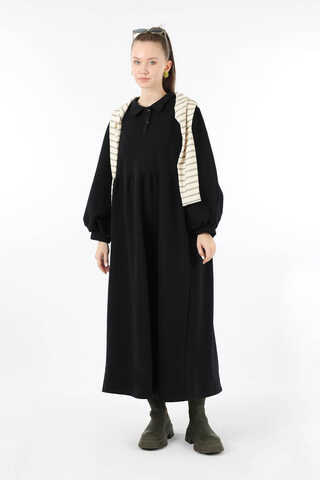 Yarım Düğmeli Gömlek Yaka Elbise Siyah - 1