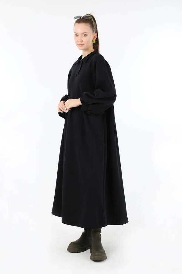 Yarım Düğmeli Gömlek Yaka Elbise Siyah - 3