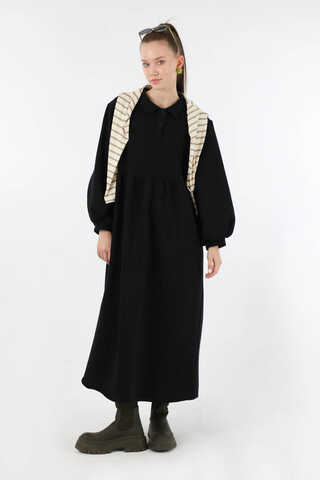 Yarım Düğmeli Gömlek Yaka Elbise Siyah - 5