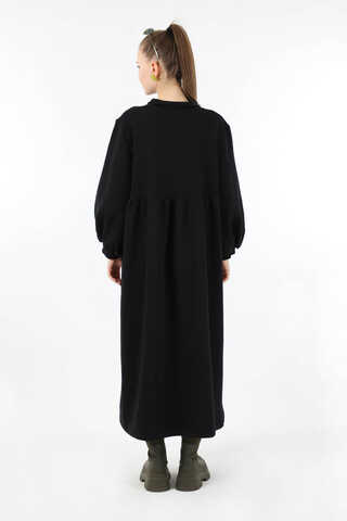 Yarım Düğmeli Gömlek Yaka Elbise Siyah - 6