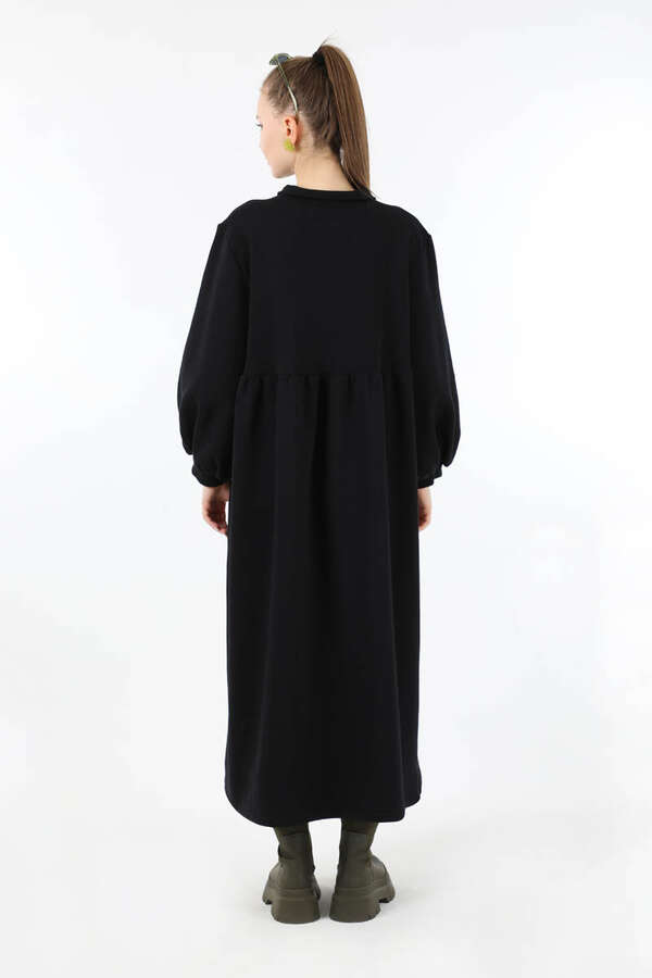 Yarım Düğmeli Gömlek Yaka Elbise Siyah - 6