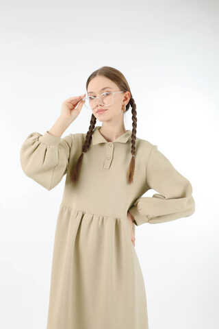 Yarım Düğmeli Gömlek Yaka Elbise Taş - 2