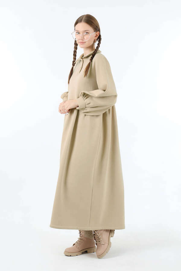 Yarım Düğmeli Gömlek Yaka Elbise Taş - 3