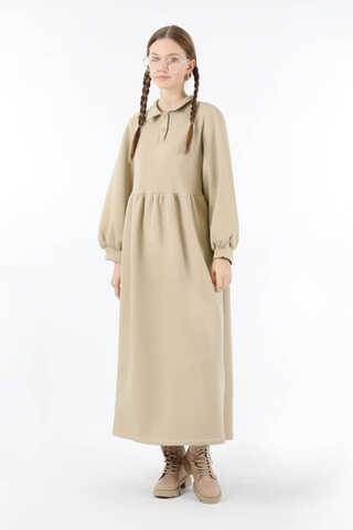 Yarım Düğmeli Gömlek Yaka Elbise Taş - 5