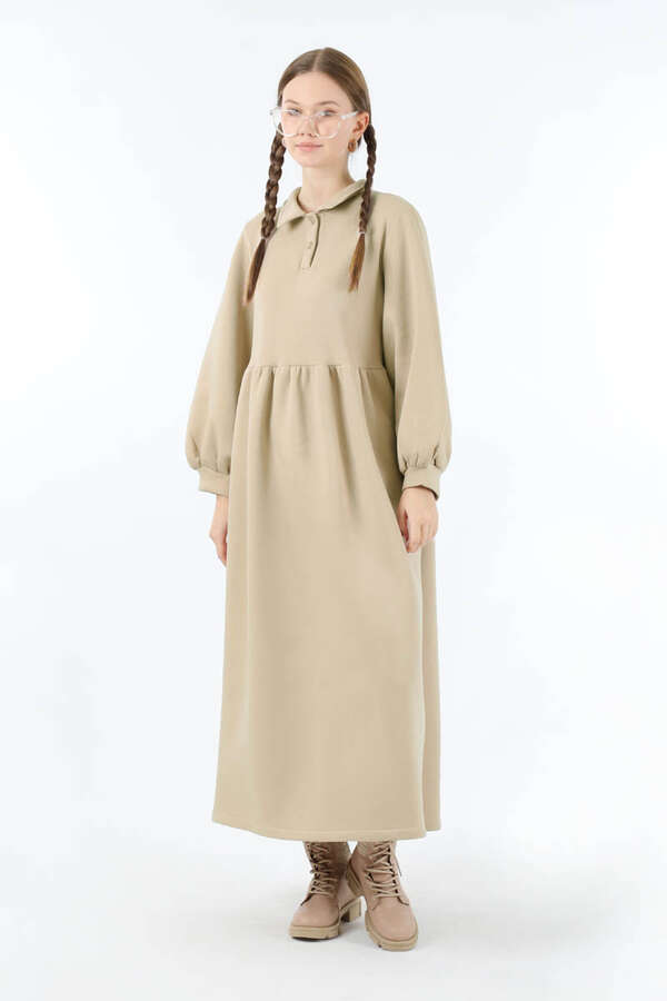 Yarım Düğmeli Gömlek Yaka Elbise Taş - 5