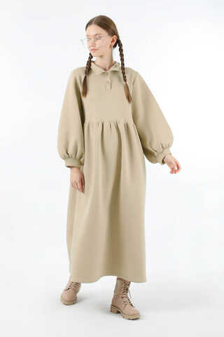 Yarım Düğmeli Gömlek Yaka Elbise Taş - 1