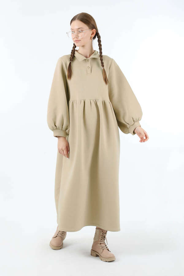 Yarım Düğmeli Gömlek Yaka Elbise Taş - 1