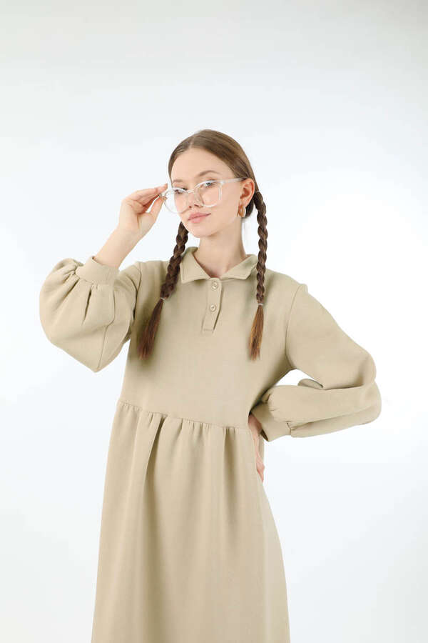 Yarım Düğmeli Gömlek Yaka Elbise Taş - 2