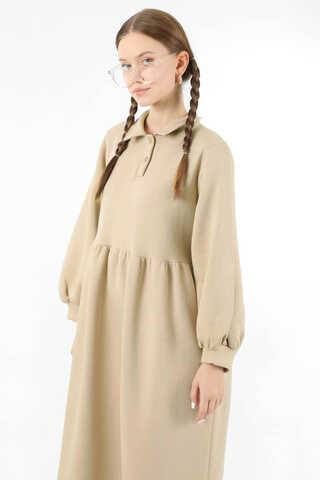 Yarım Düğmeli Gömlek Yaka Elbise Taş - 4