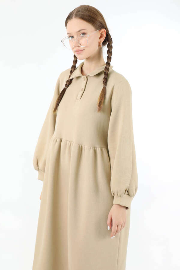 Yarım Düğmeli Gömlek Yaka Elbise Taş - 4