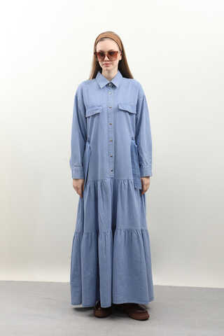 Yarım Düğmeli Kot Elbise Açık Mavi - 2