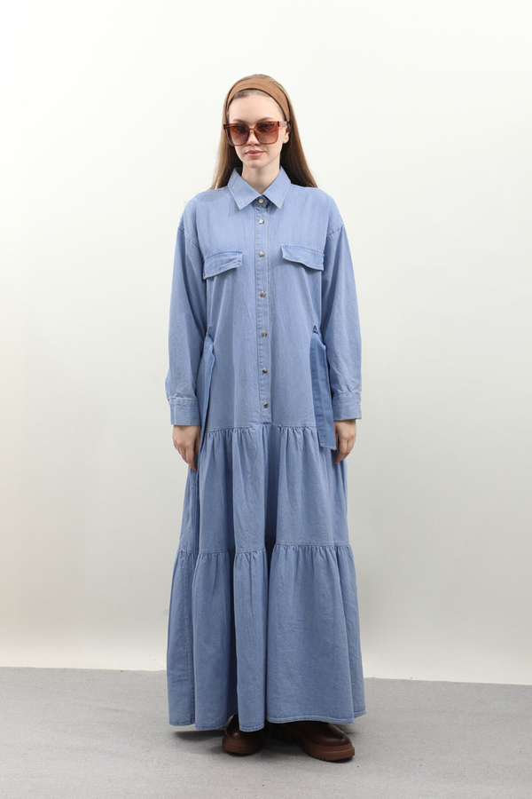 Yarım Düğmeli Kot Elbise Açık Mavi - 2