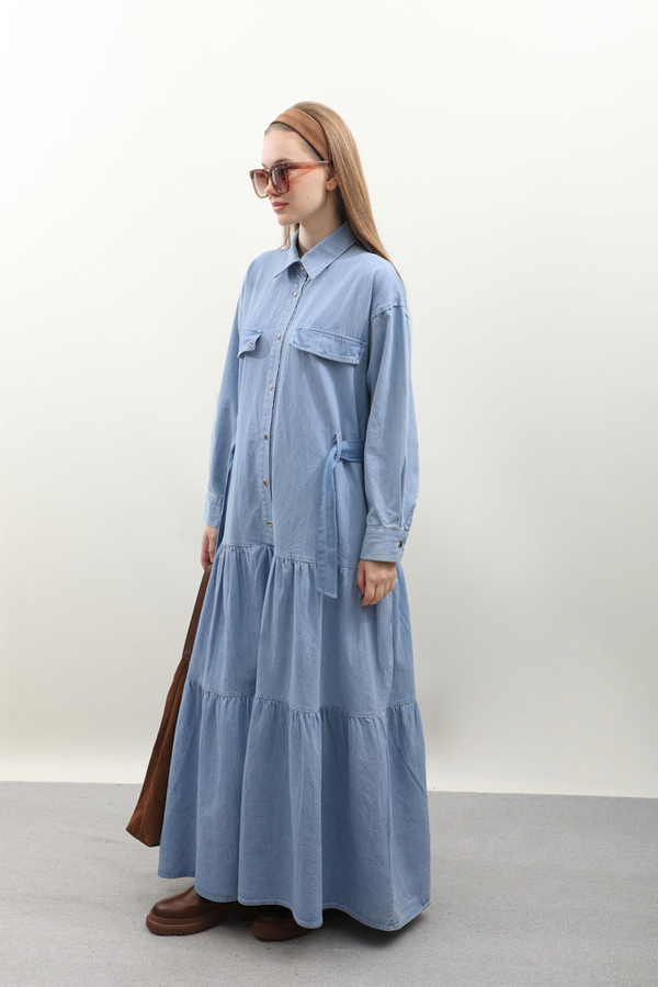 Yarım Düğmeli Kot Elbise Açık Mavi - 3