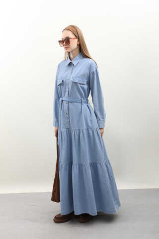 Yarım Düğmeli Kot Elbise Açık Mavi - 5