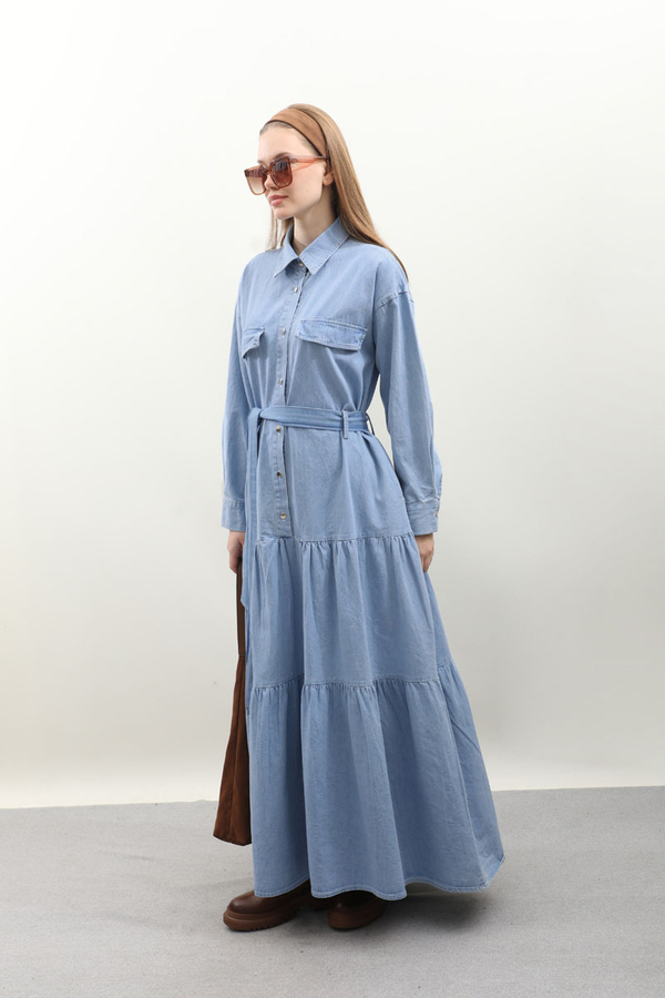 Yarım Düğmeli Kot Elbise Açık Mavi - 5