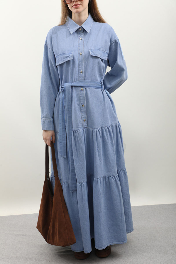 Yarım Düğmeli Kot Elbise Açık Mavi - 6