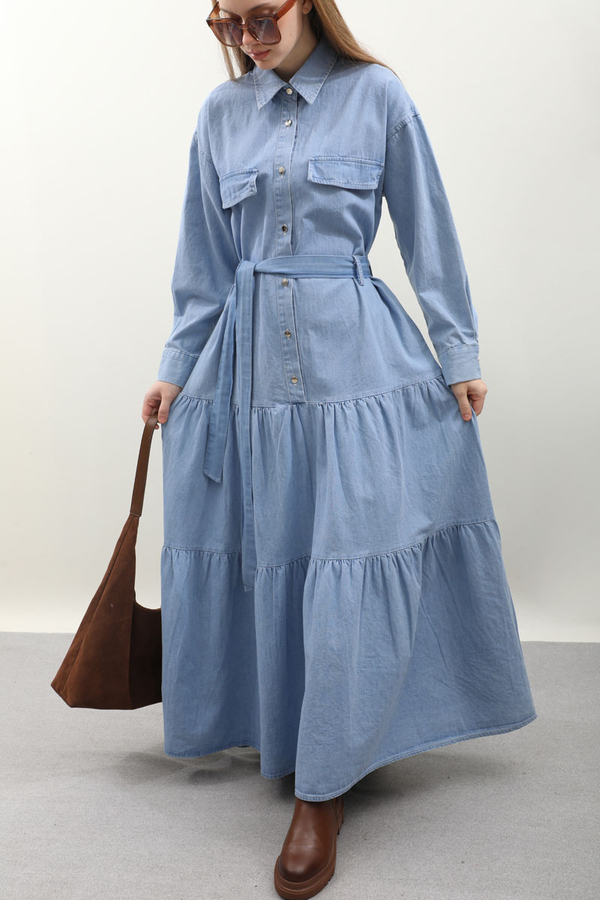 Yarım Düğmeli Kot Elbise Açık Mavi - 7