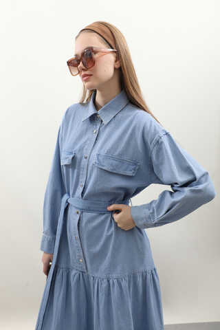 Yarım Düğmeli Kot Elbise Açık Mavi - 8