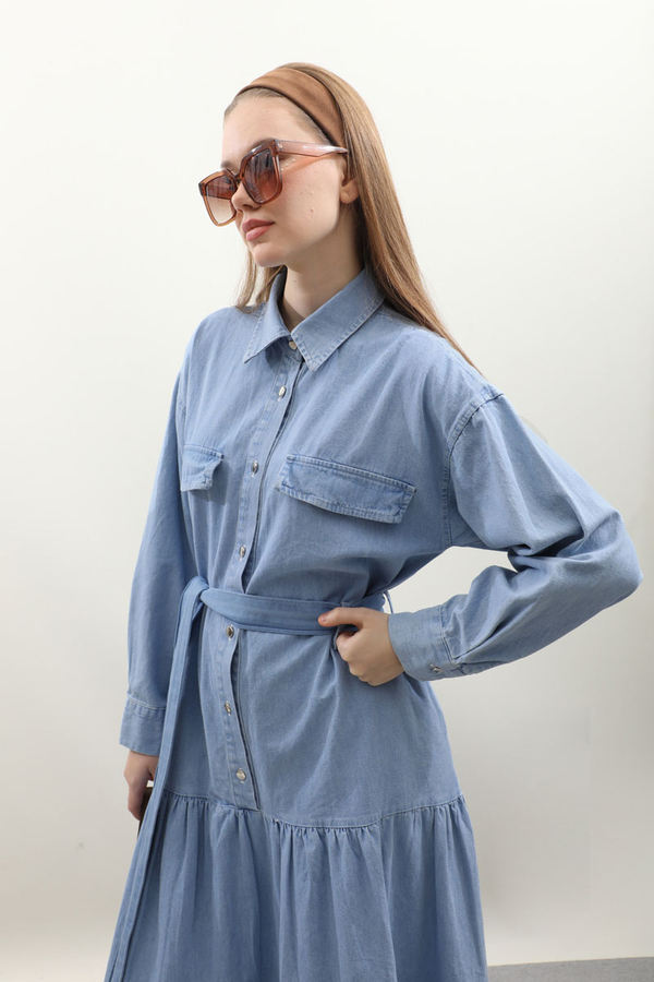 Yarım Düğmeli Kot Elbise Açık Mavi - 8