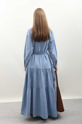 Yarım Düğmeli Kot Elbise Açık Mavi - 9