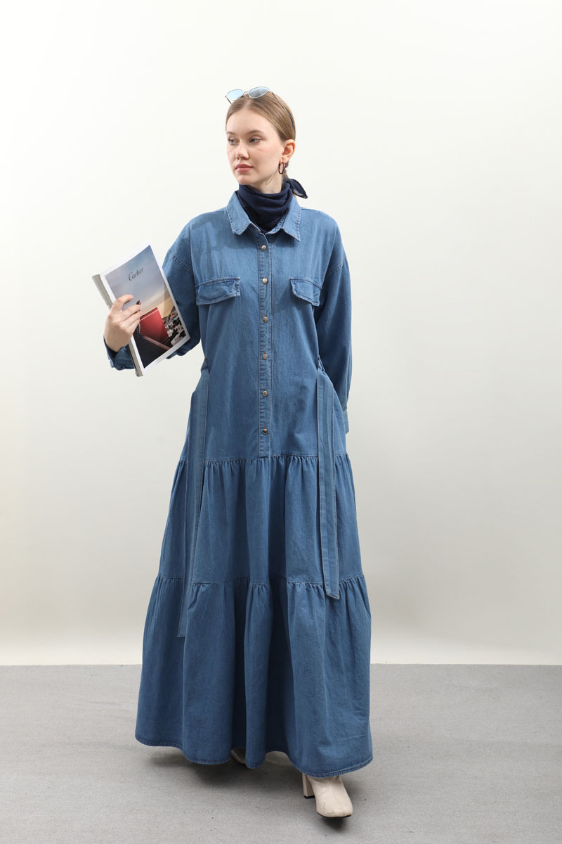 Yarım Düğmeli Kot Elbise Koyu Mavi