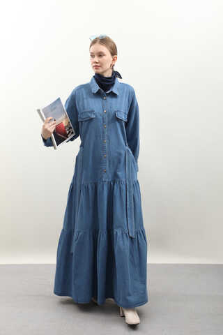 Yarım Düğmeli Kot Elbise Koyu Mavi - 1