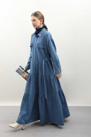 Yarım Düğmeli Kot Elbise Koyu Mavi - 3