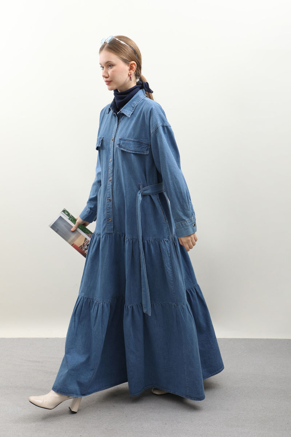 Yarım Düğmeli Kot Elbise Koyu Mavi - 3