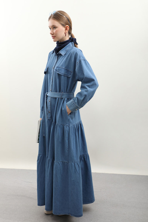 Yarım Düğmeli Kot Elbise Koyu Mavi - 4