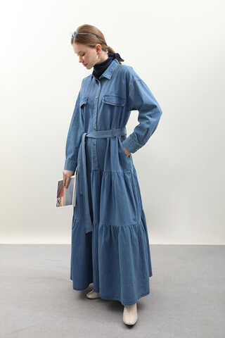 Yarım Düğmeli Kot Elbise Koyu Mavi - 5