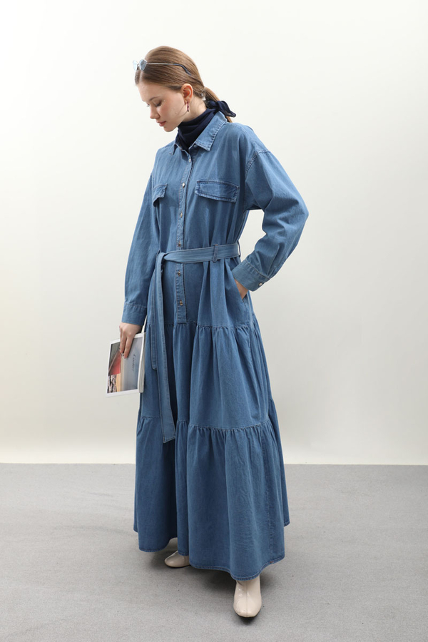 Yarım Düğmeli Kot Elbise Koyu Mavi - 5