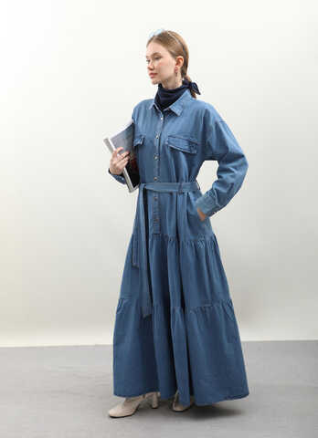 Yarım Düğmeli Kot Elbise Koyu Mavi - 6