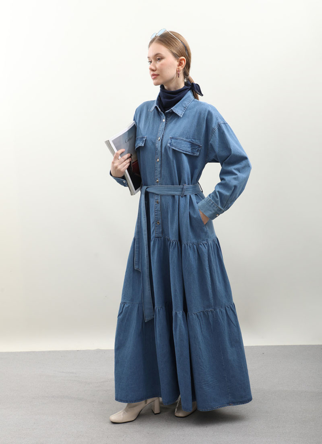 Yarım Düğmeli Kot Elbise Koyu Mavi - 6